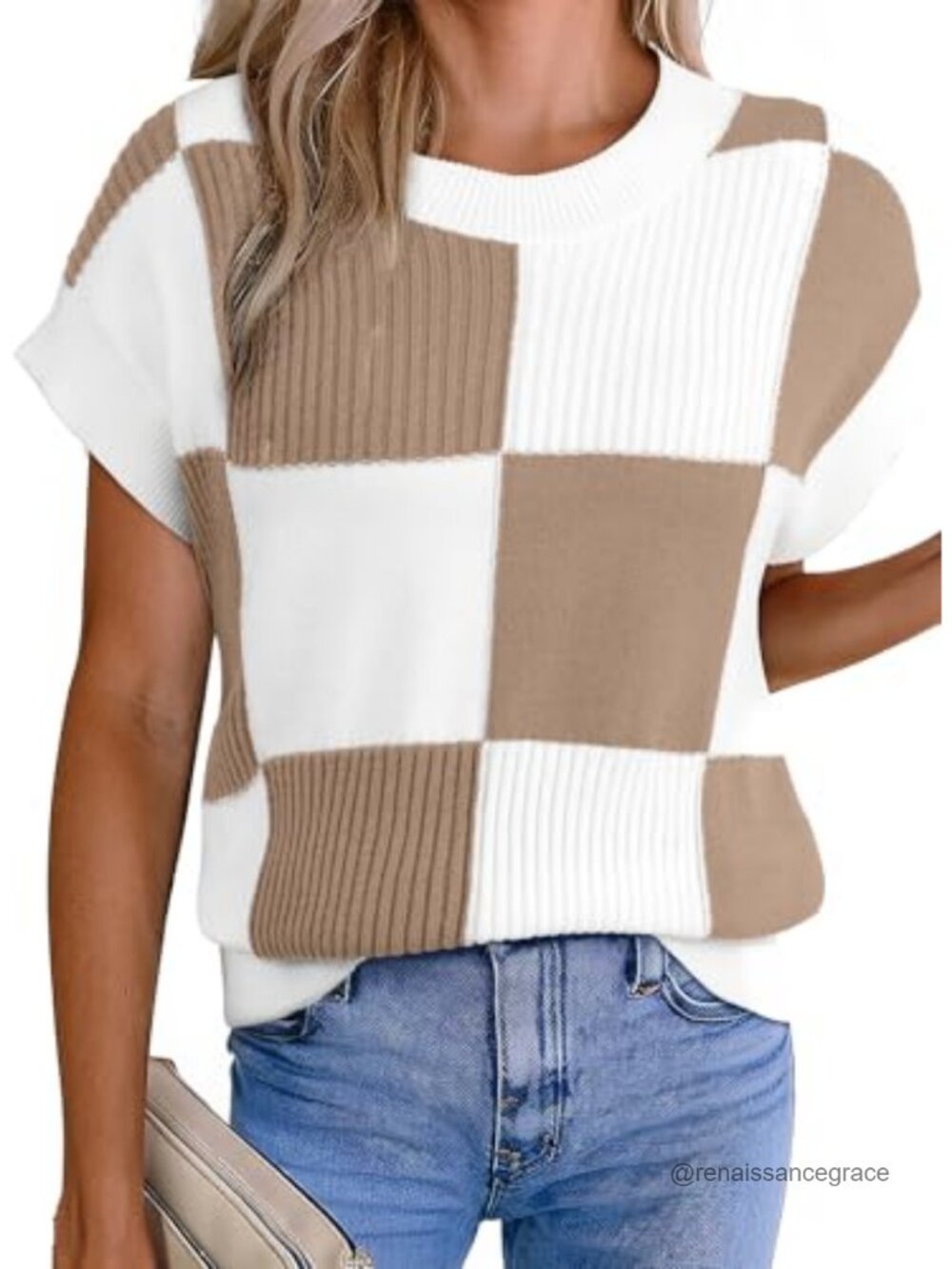 Short Sleeve Sweater Vest Women Color Block Checkered Knit Top